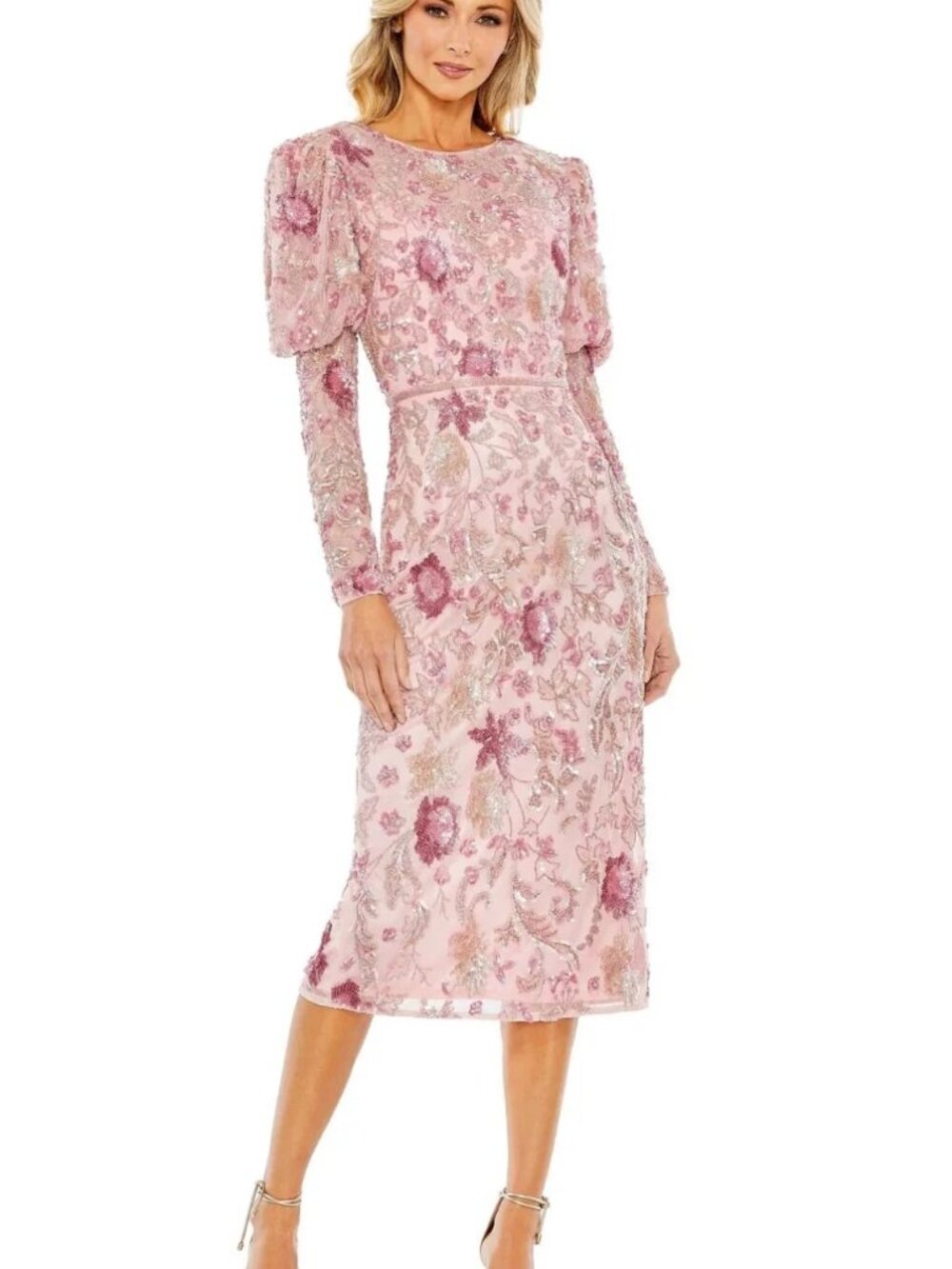 Mac Duggal Rose Pink Beaded Floral Long Sleeve Cocktail Midi Dress